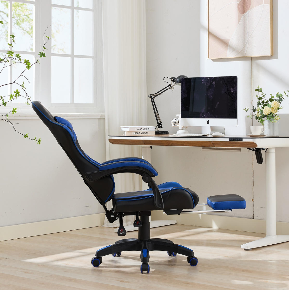 STUHL B64 / T58 / H116.5-126 cm,, Rennsport-Design, 360° drehbar und höhenverstellbar, Schwarz und Blau - Blau, Kunststoff (58/116.5/64.5cm) - Redom
