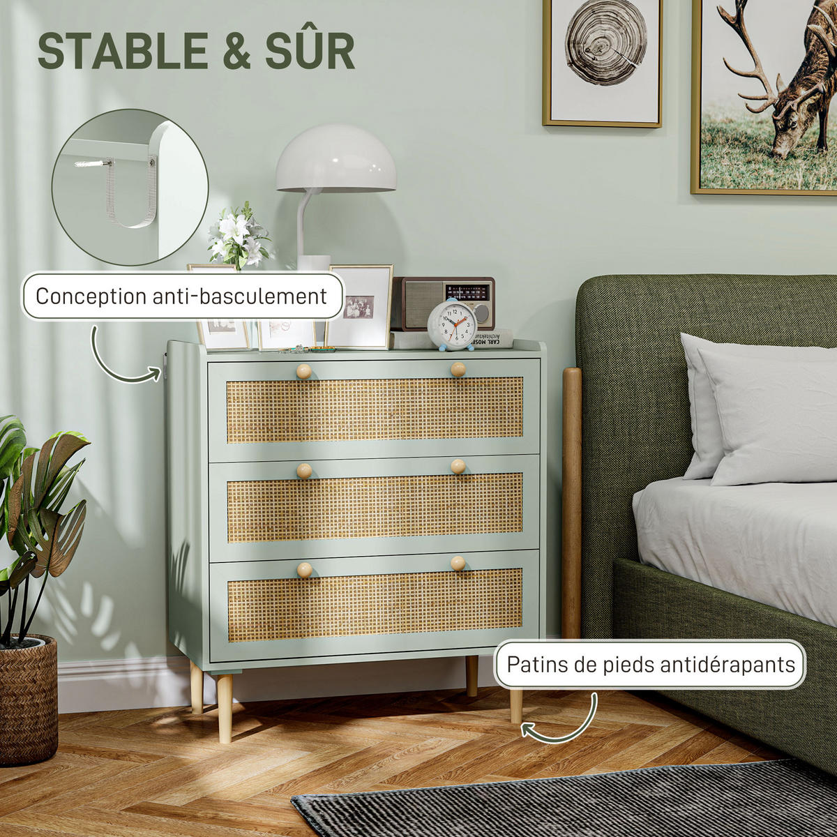 KOMOODE DE-12868 3 Schubladen mit Rattan Olivgrün - Grün, Holzwerkstoff (80/87.5/40cm) - ComfortXL