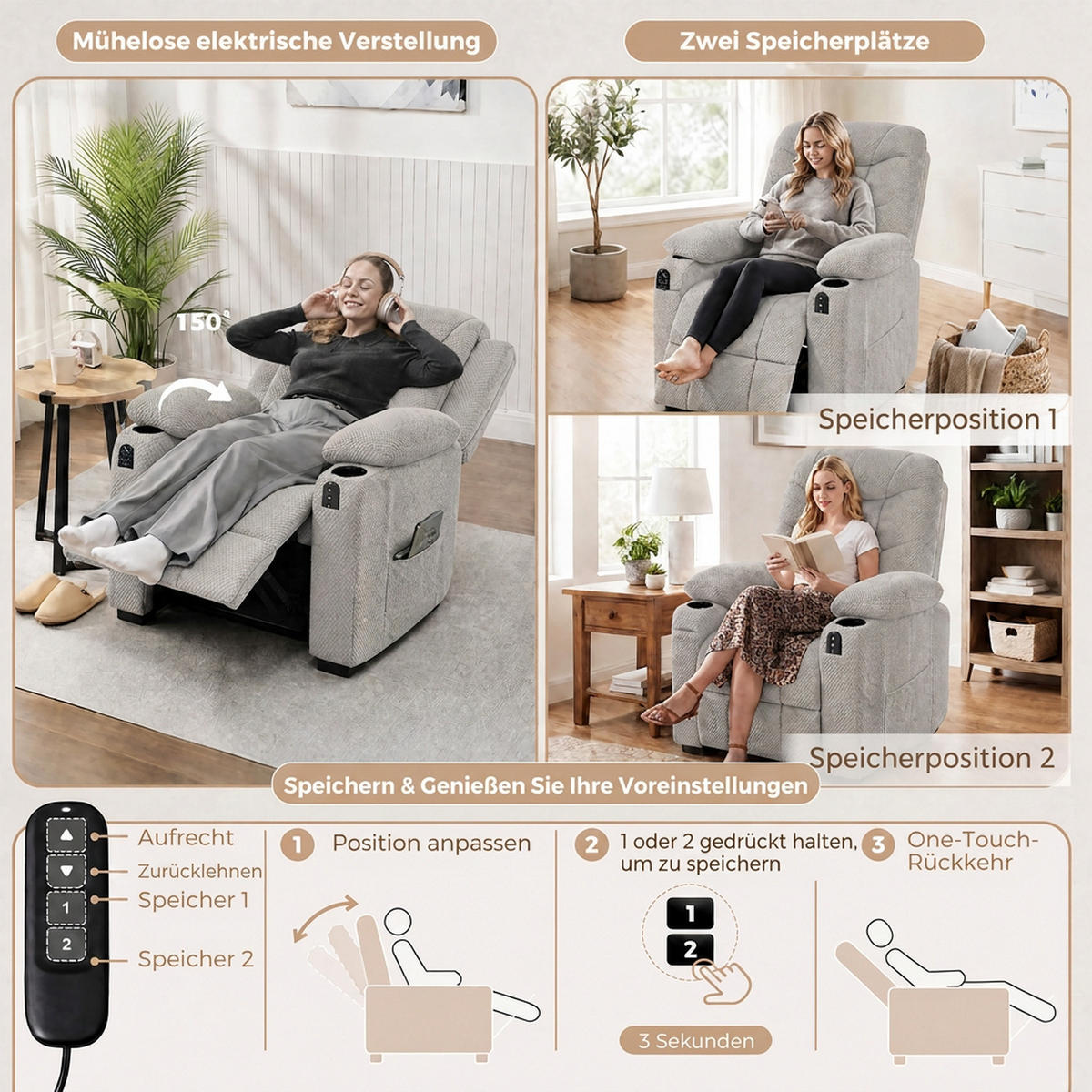 ELEKTRISCHER-RELAXSESSEL Samt Metall Grau - Schwarz/Grau, Textil/Metall (90/105/96cm) - HOMCOM