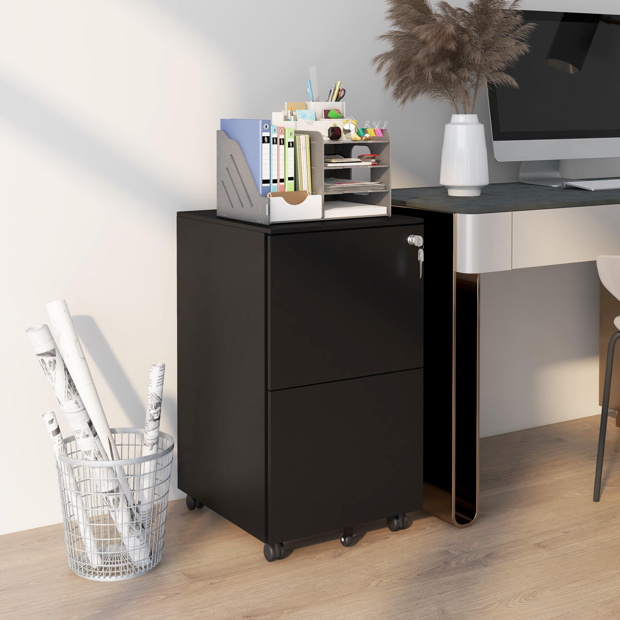 AKTENSCHRANK mit 2 Schubladen, Rollen, für A4 Akten, Dokumente, Stahl, Schwarz - Schwarz, Metall (43.5/67.5/37cm) - Vinsetto