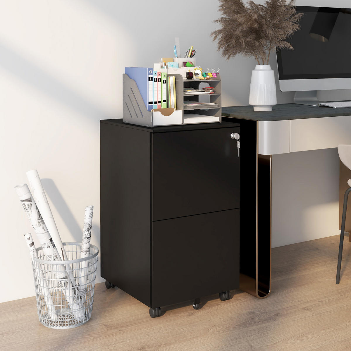 AKTENSCHRANK mit 2 Schubladen, Rollen, für A4 Akten, Dokumente, Stahl, Schwarz - Schwarz, Metall (43.5/67.5/37cm) - Vinsetto