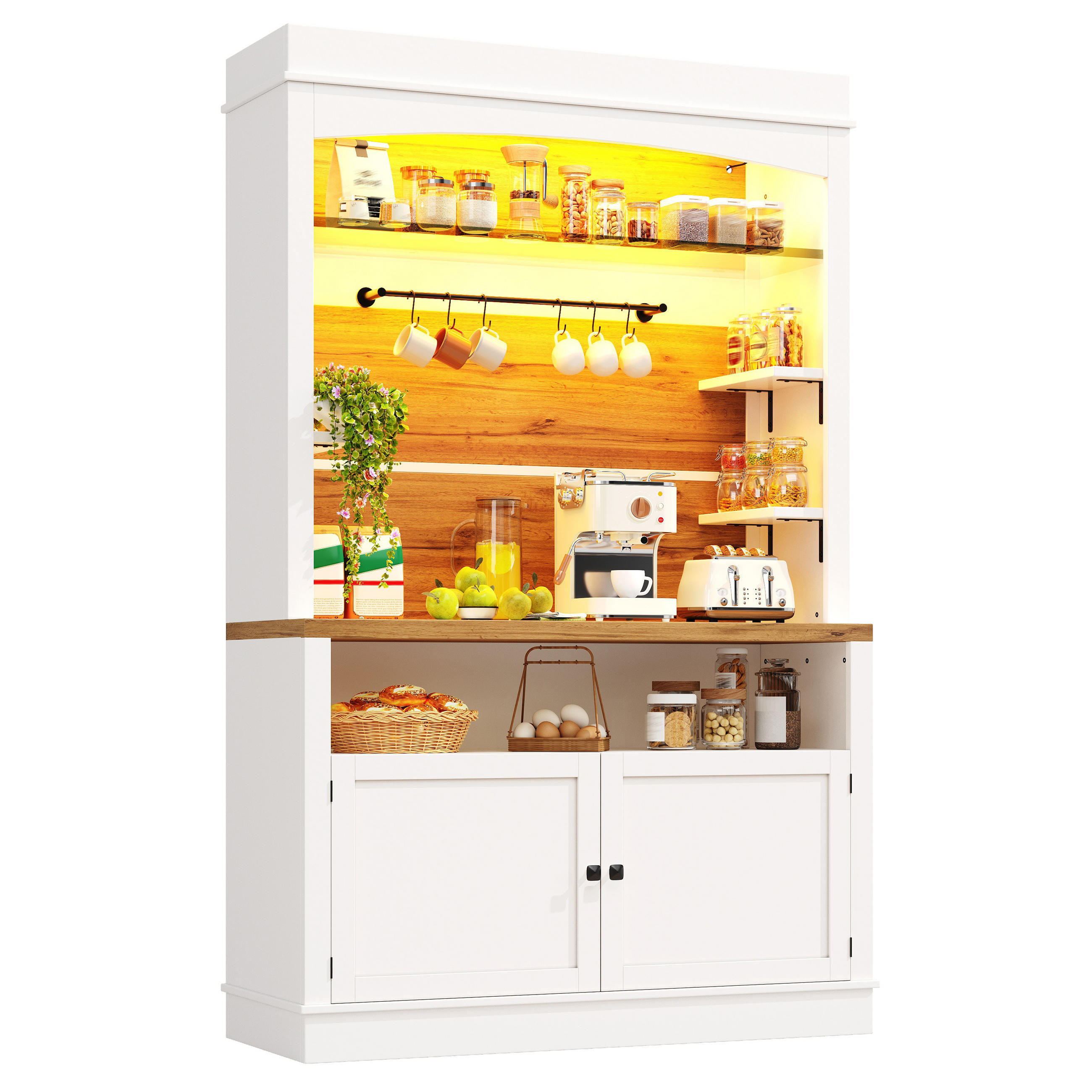 KÜCHENSCHRANK in Weiß mit LED-Beleuchtung und offenem Regal für Küche, B107/T43/H184 cm - Weiß, Glas/Holzwerkstoff (107/184/34cm) - STILVORA