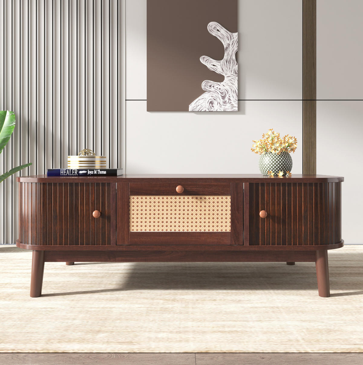 COUCHTISCH 110/55/38.5 cm natur aus MDF mit Rattandetails - Naturfarben, Holzwerkstoff (110/55/38.5cm) - OKMYHOME