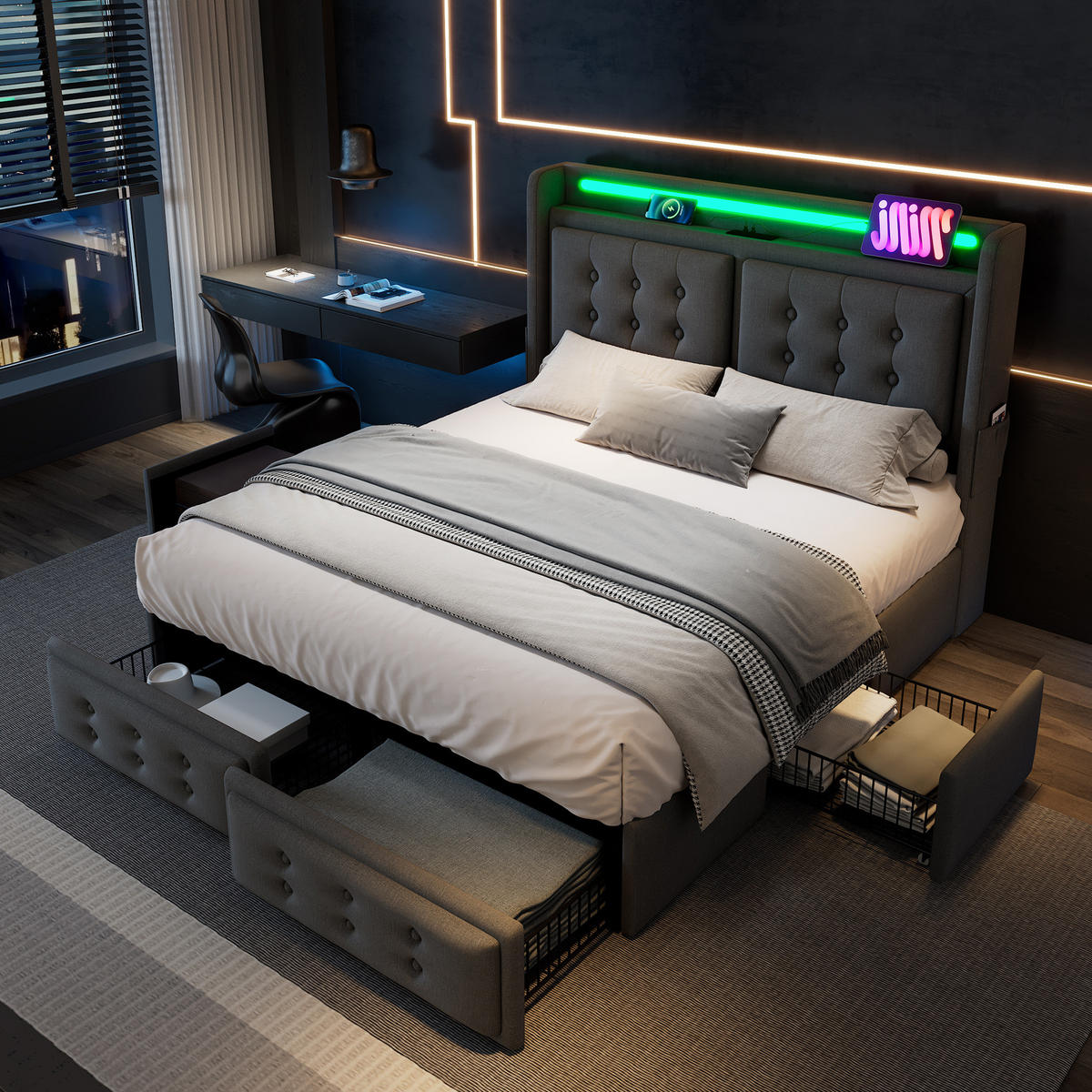 ČALÚNENÁ posteľ 148/220/106 cm sivá, čalúnená s LED a USB-C, so 4 zásuvkami - sivá, textil (140/200cm) - BEAOK