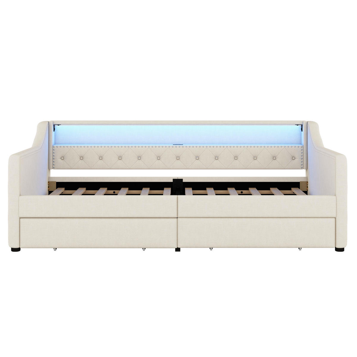 DNEVNI krevet 90/200 cm bež od lana i MDF-a s LED rasvjetom, USB priključkom i 2 ladice - bež, tekstil (90/200cm) - OKWISH