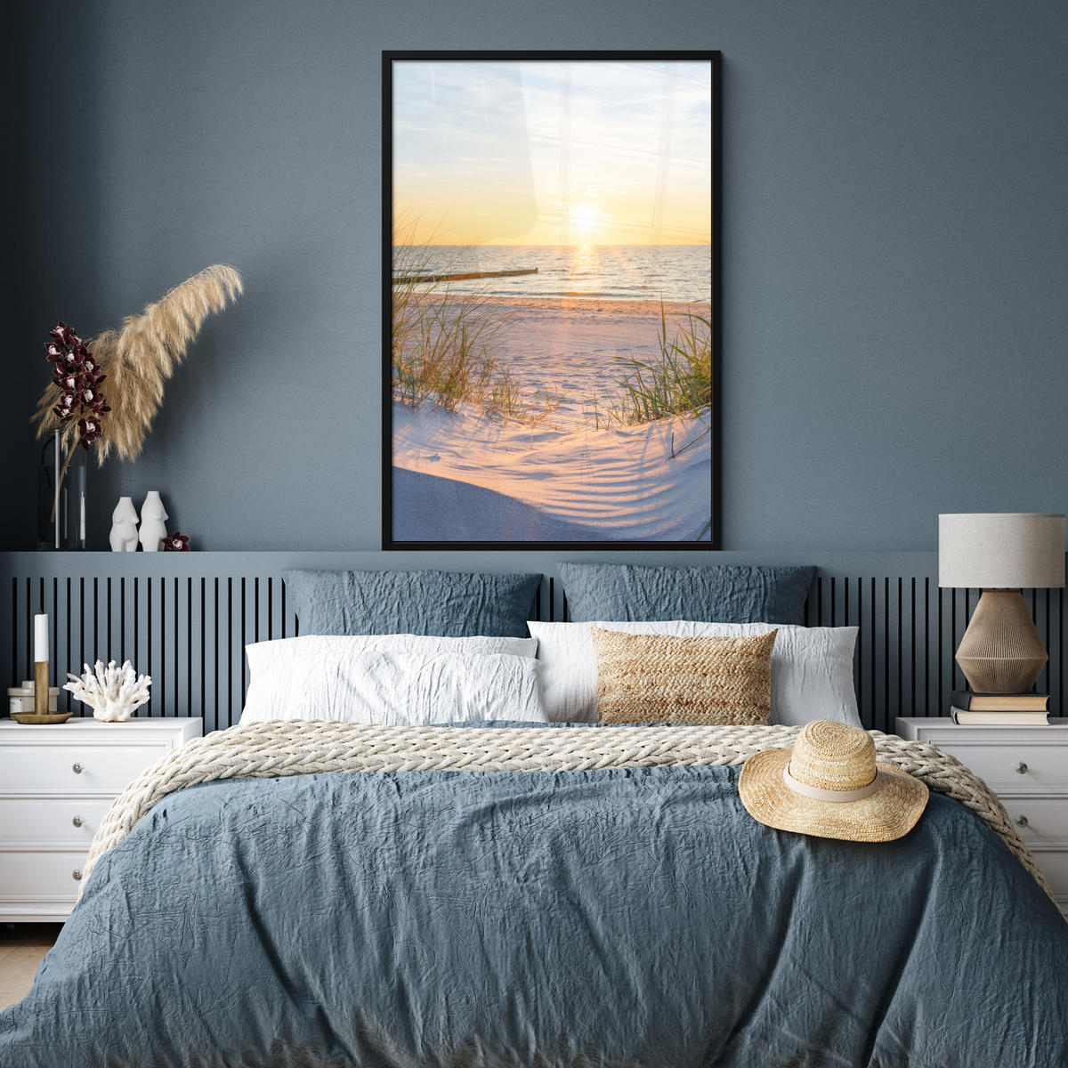 GERAHMTES BILD Strand - Sonne - Düne - Gras - Sand - Horizont 80x120 cm - Hellblau, Papier (80/120cm) - MuchoWow