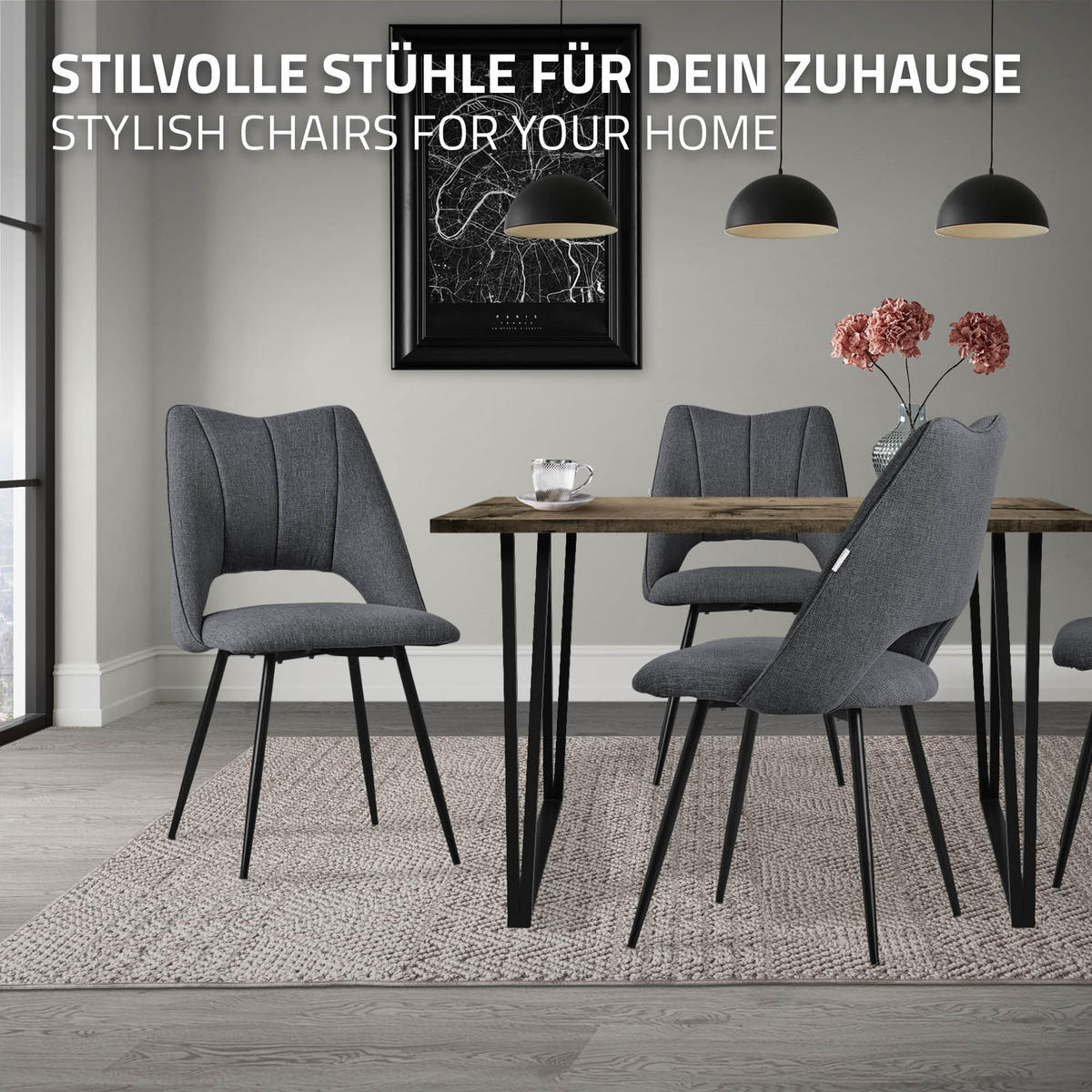 ESSZIMMERSTÜHLE 2ER-SET Grau Stoffbezug - Schwarz/Grau, Textil/Metall (57/89/53cm) - ML-DESIGN