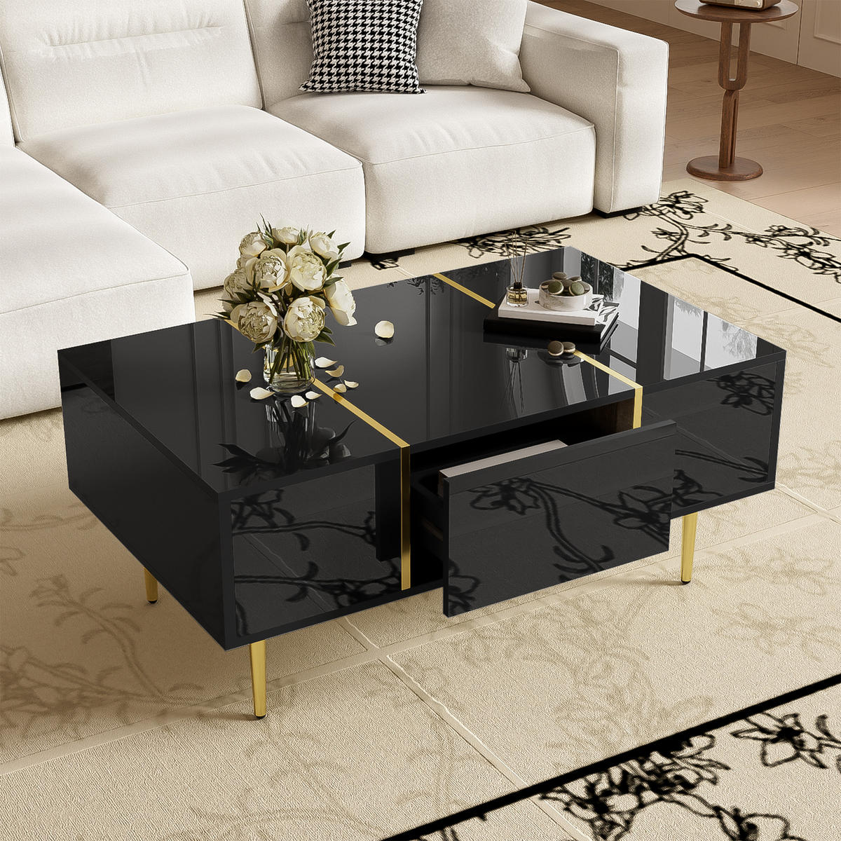 COUCHTISCH Schwarz Hochglanz - 100x60cm - 2 Schubladen - Schwarz, Holz (112.4/69.6/14.99cm) - Raelunyi