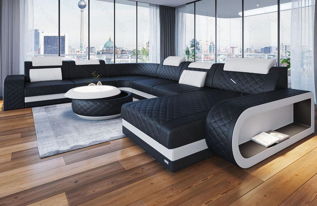 WOHNLANDSCHAFT Berlin U-Form Mini Schwarz Weiß Kunstleder - Schwarz, Textil (362/80/264cm)