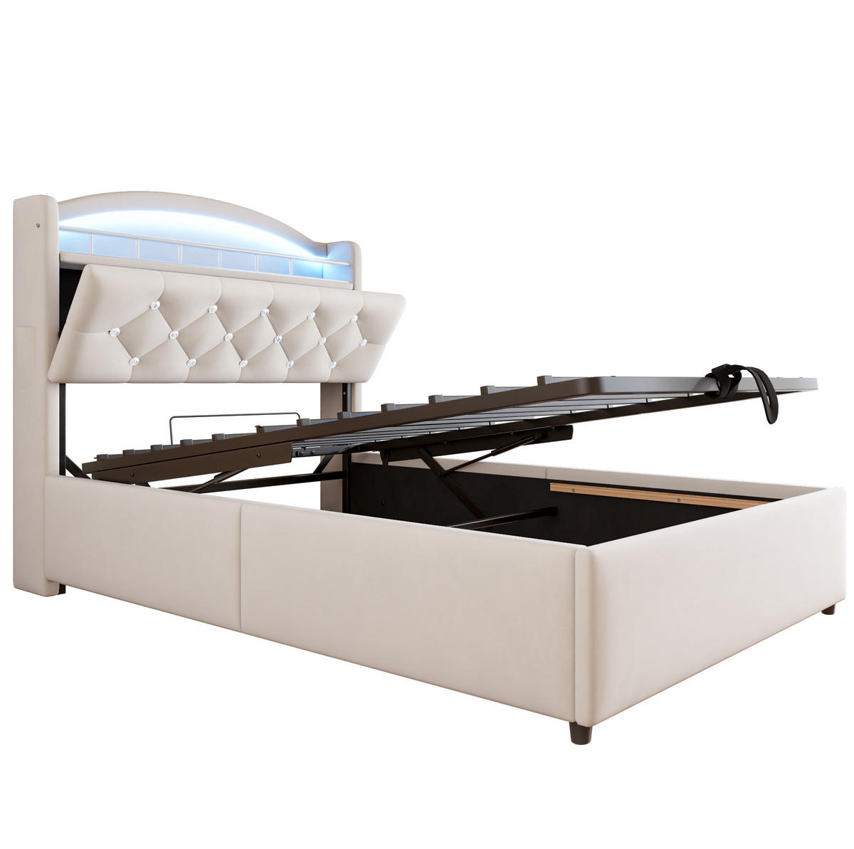 BETT mit Stauraum 90x200 cm Samt Beige mit LED und USB - Beige, Metall (90/200cm) - Meubliv