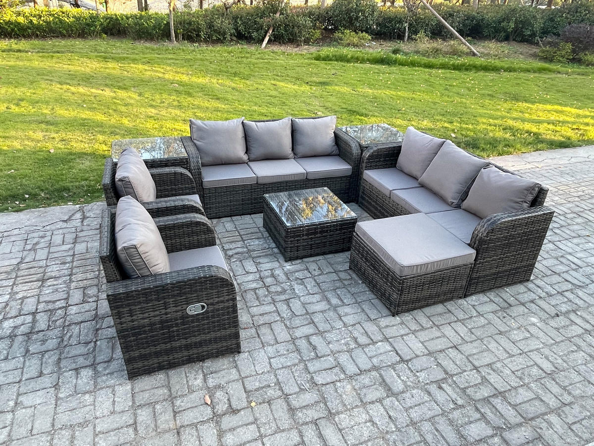 GARTENTISCHGRUPPE Polyrattan Dunkelgrau 8-teilige - Dunkelgrau/Grau, Glas/Kunststoff - Fimous