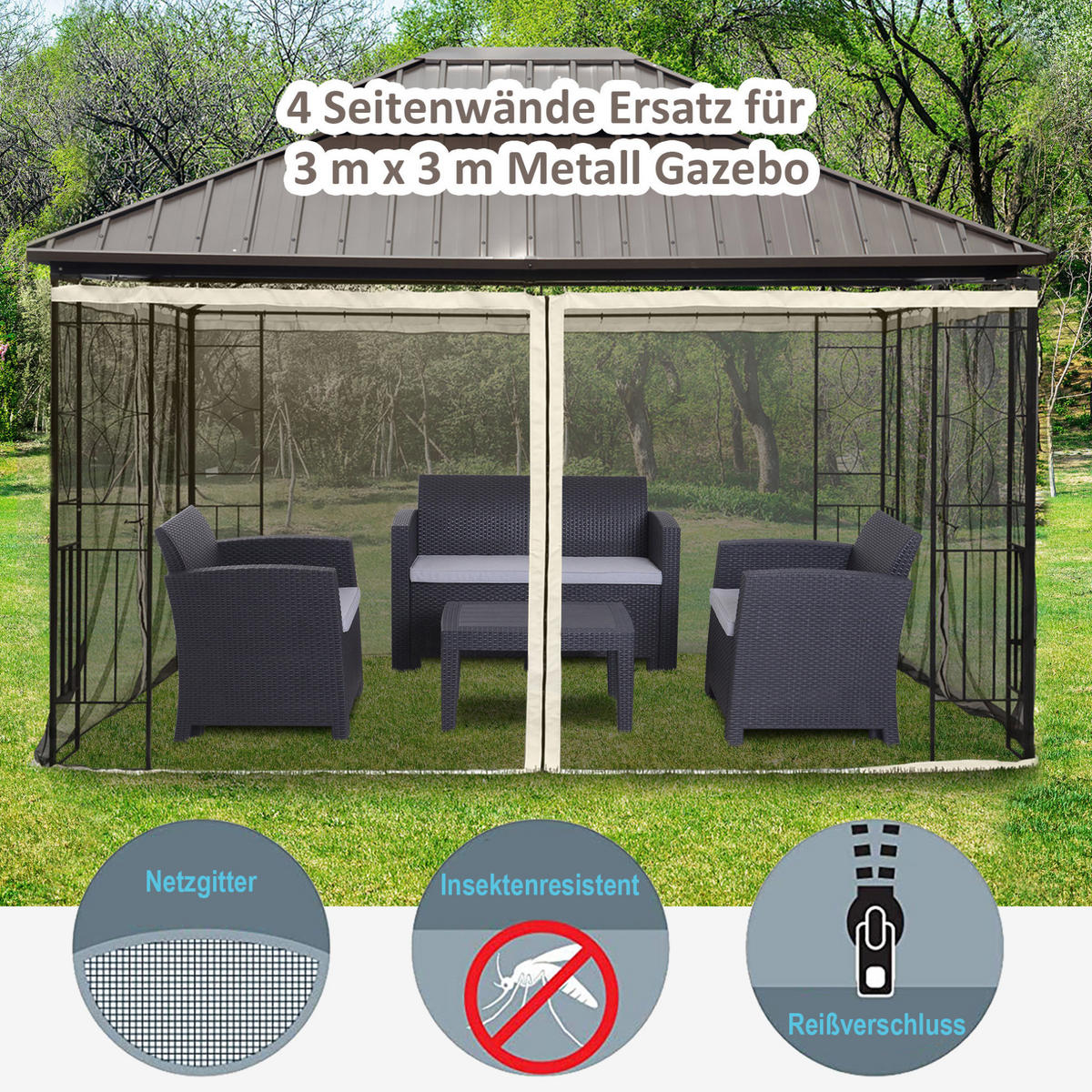 PAVILLON-MOSKITONETZ 300/400 cm schwarz aus Polyester mit Reißverschluss - Schwarz, Textil (207/1/352cm) - OKWISH