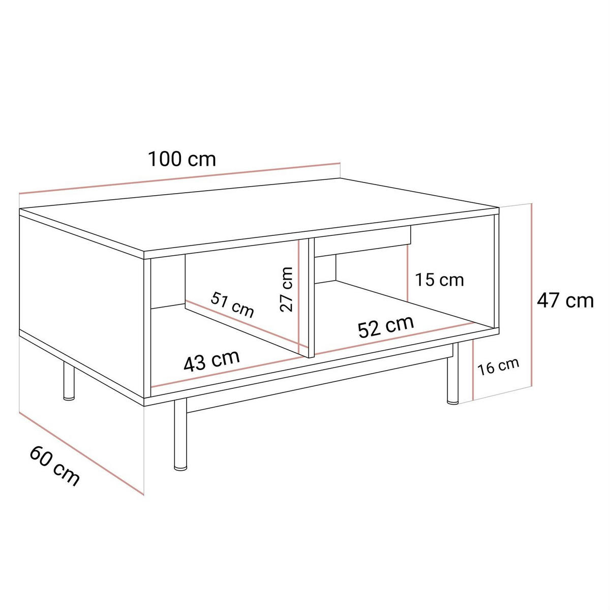COUCHTISCH FLORENCE mit Stauraumn - Kaschmir, Holzwerkstoff (60/100/47cm) - Lookway