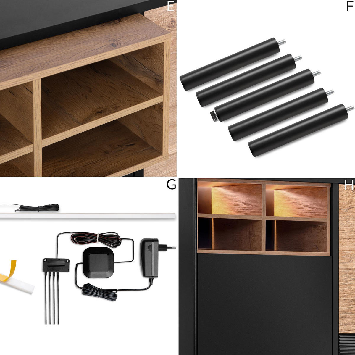 KOMMODE LOFTY Kreuzeinlage, schwarz / Eiche natur - Eichefarben/Multicolor, Holzwerkstoff (102/109/41cm) - KONSIMO®