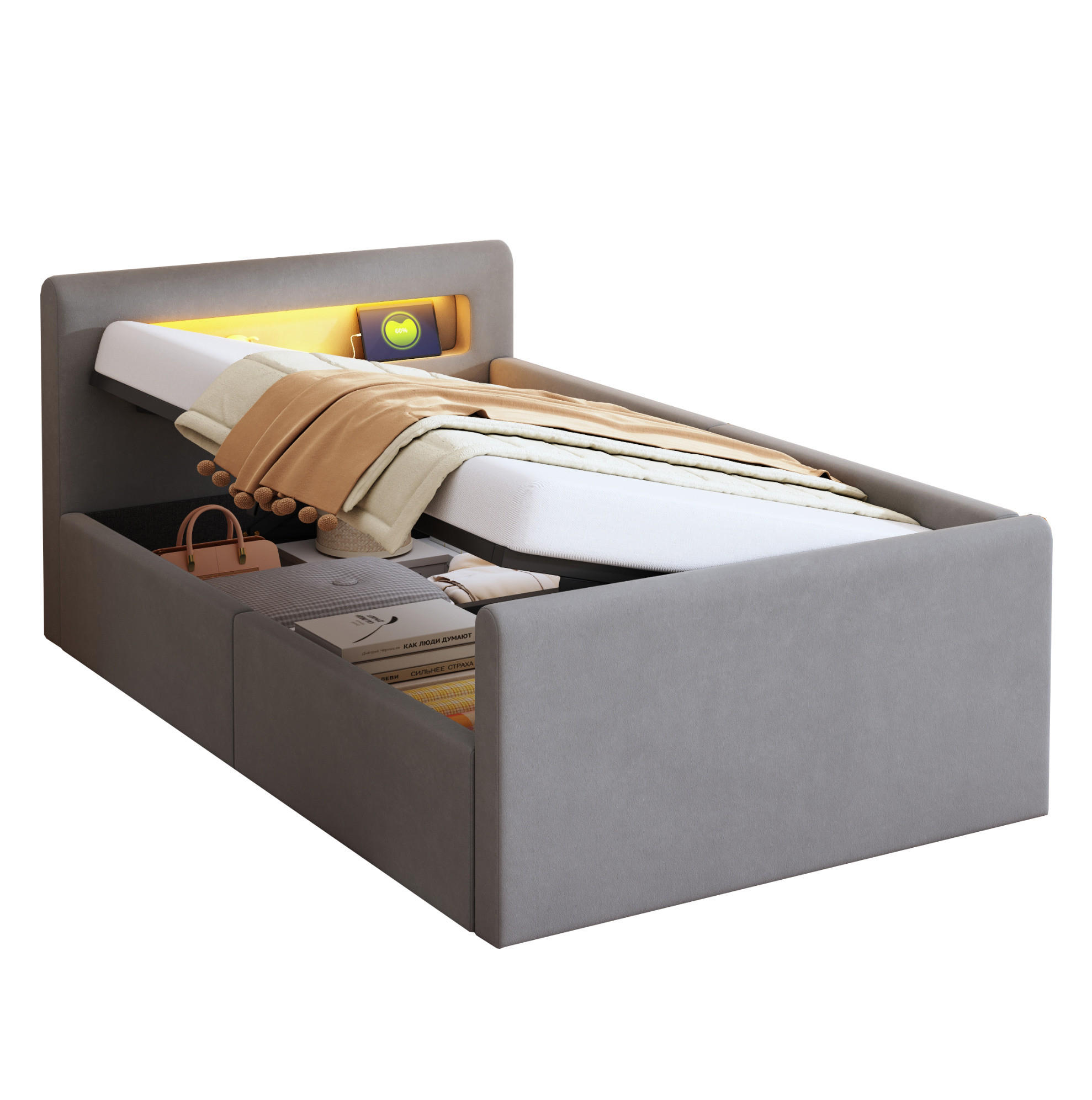 KINDERBETT 90/200 cm aus Samt mit LED, USB-Anschluss und hydraulischem Stauraum Hellgrau - Grau, Textil (90/200cm) - Modenvie