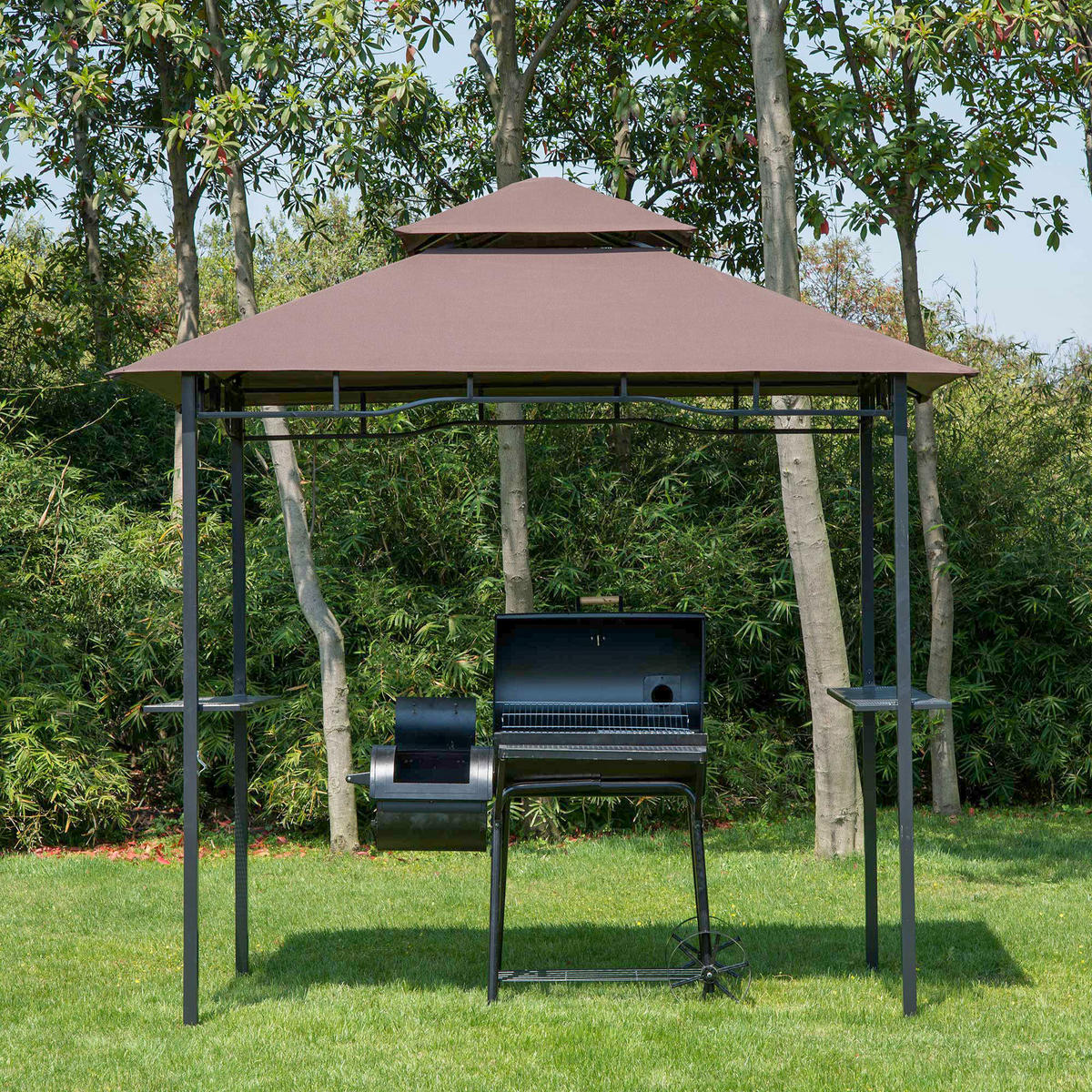 GRILLPAVILLON Stahl+Eisen Kaffeebraun - Dunkelbraun/Schwarz, Kunststoff/Metall (148/252/245cm) - Outsunny
