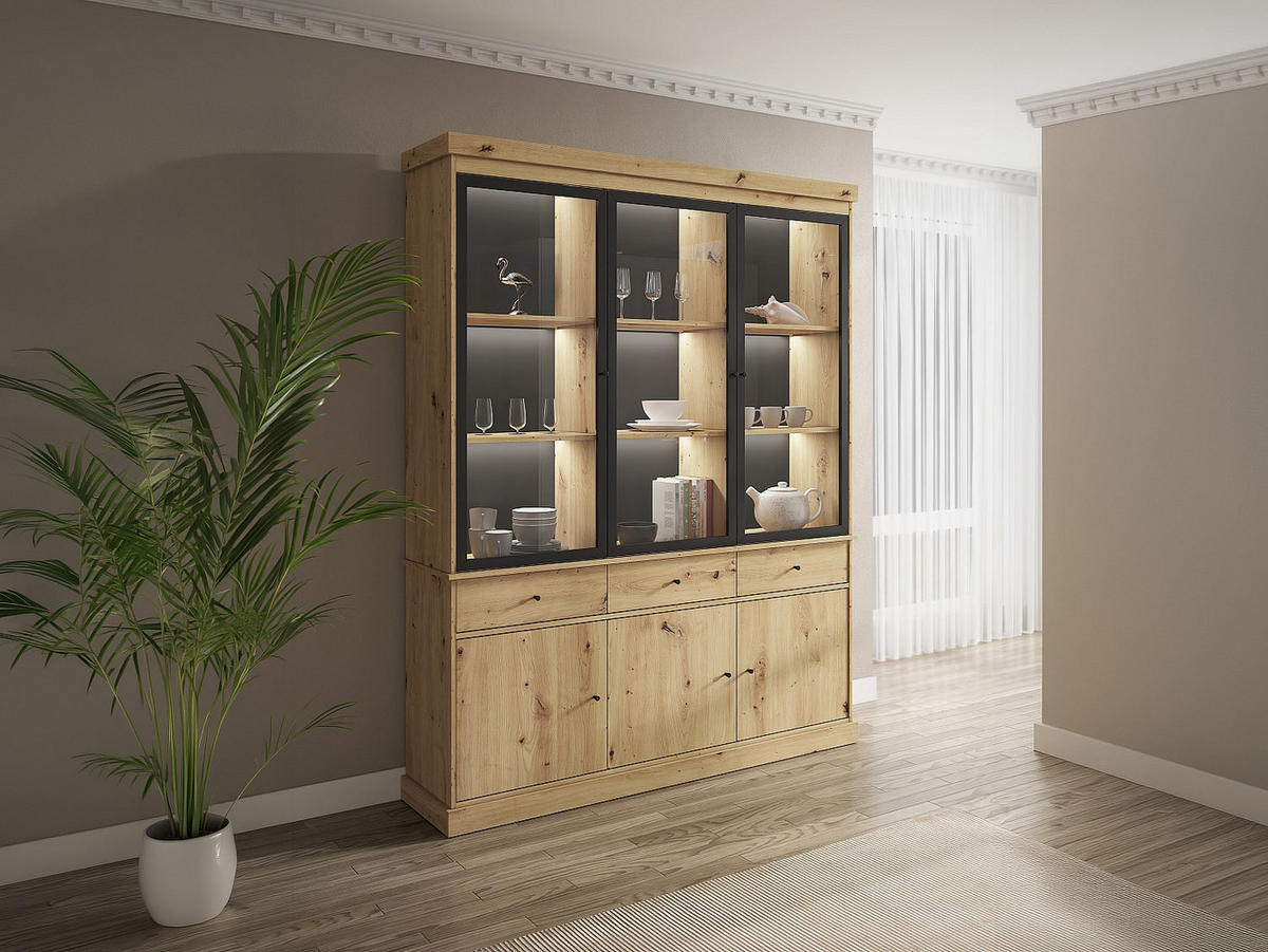 VITRINENSCHRANK - 172.5 cm x 39.6 cm - glas - schwarz, naturfarben hell Marsoria - Schwarz/Naturfarben, Glas/Holz (172.5/217.8/39.6cm) - Vente-Unique