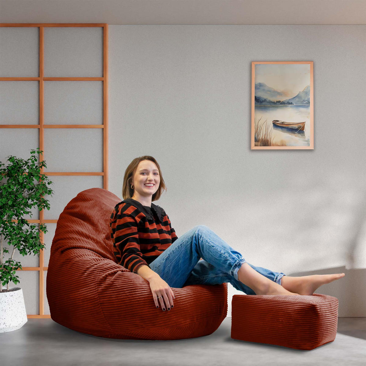 SITZSACK PARADISE MIT FUßSTÜTZE Kordsamt 2-tlg Indian tan M - Cognac/Braun, Textil (90/100/90cm) - Dreamroots