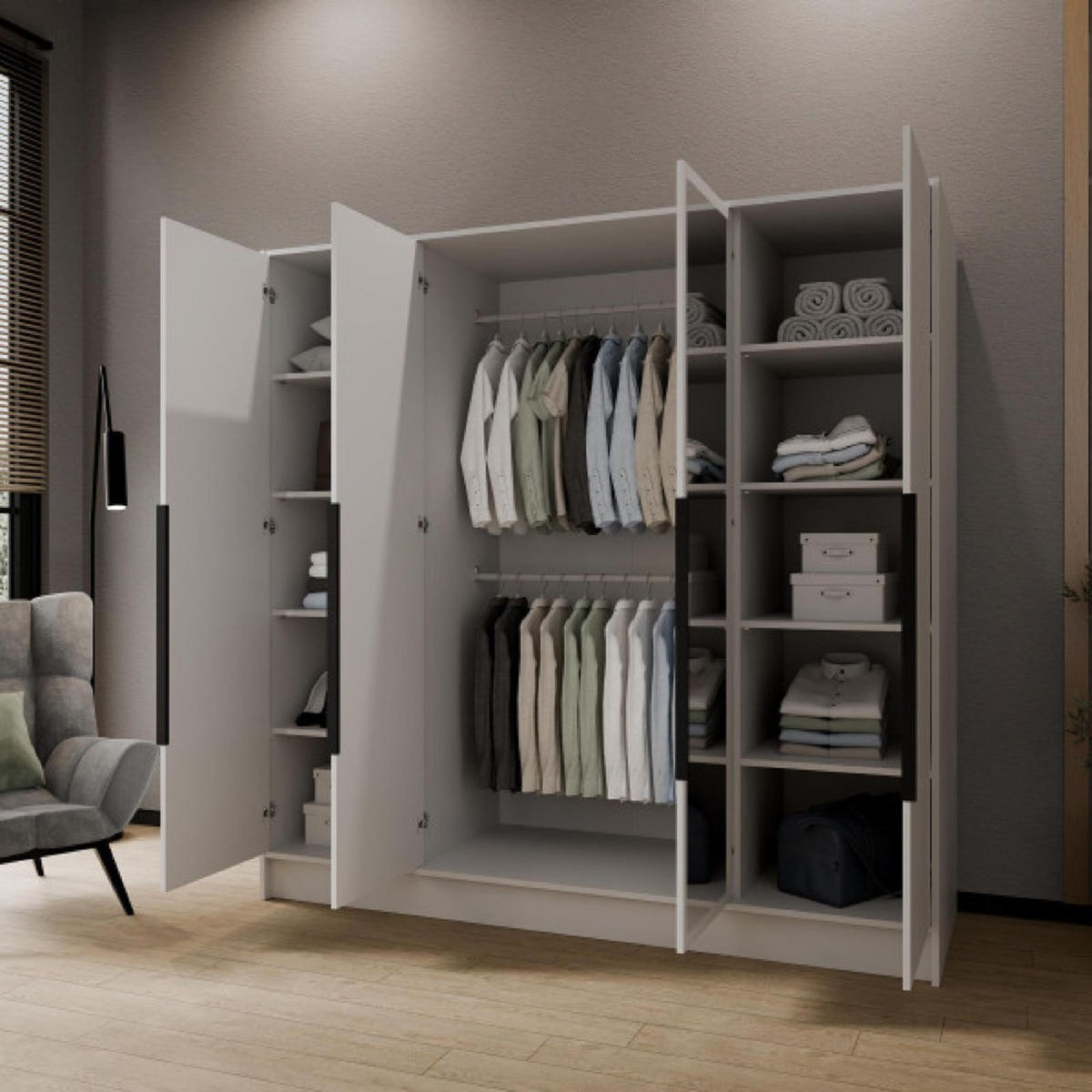 SCHRANK Weiß LUSO Mit Spiegel Und Schwarzen Griffen 200 g - Schwarz/Weiß, Holzwerkstoff (200/200/51cm) - Sepro Meble