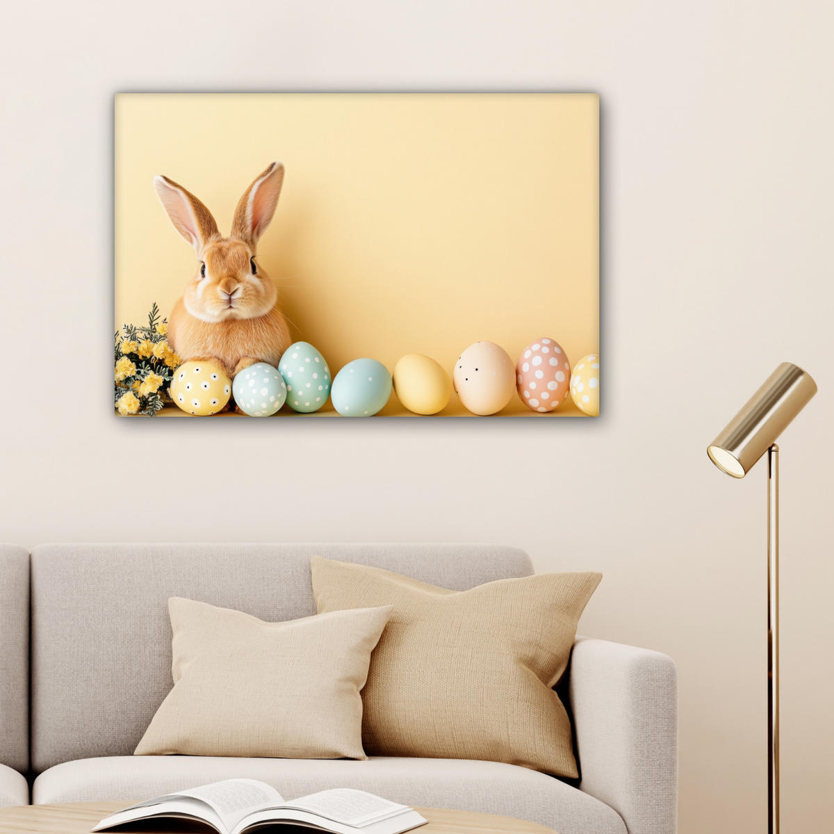 LEINWANDBILD Eier - Kaninchen - Pastellfarbtöne Wanddeko 90x60 cm - Hellgelb, Textil (90/60cm) - MuchoWow