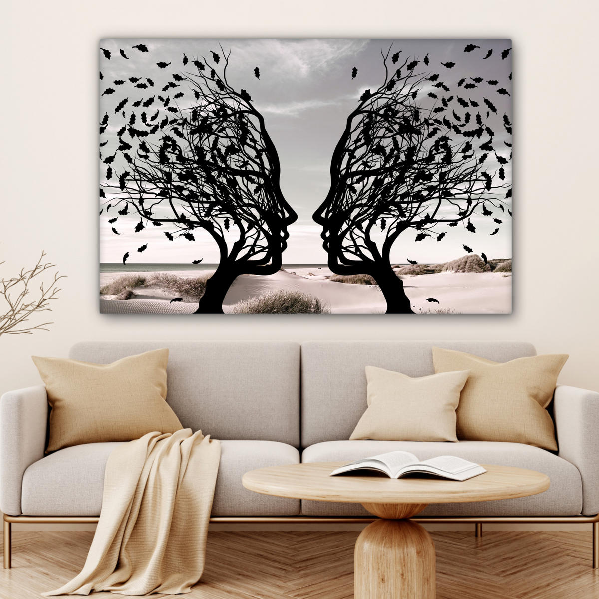 LEINWANDBILD Strand - Meer - Menschen - Baum - Moderne Kunst Wohnzimmer Groß 120x80 cm - Hellgrau, Textil (120/80cm) - MuchoWow