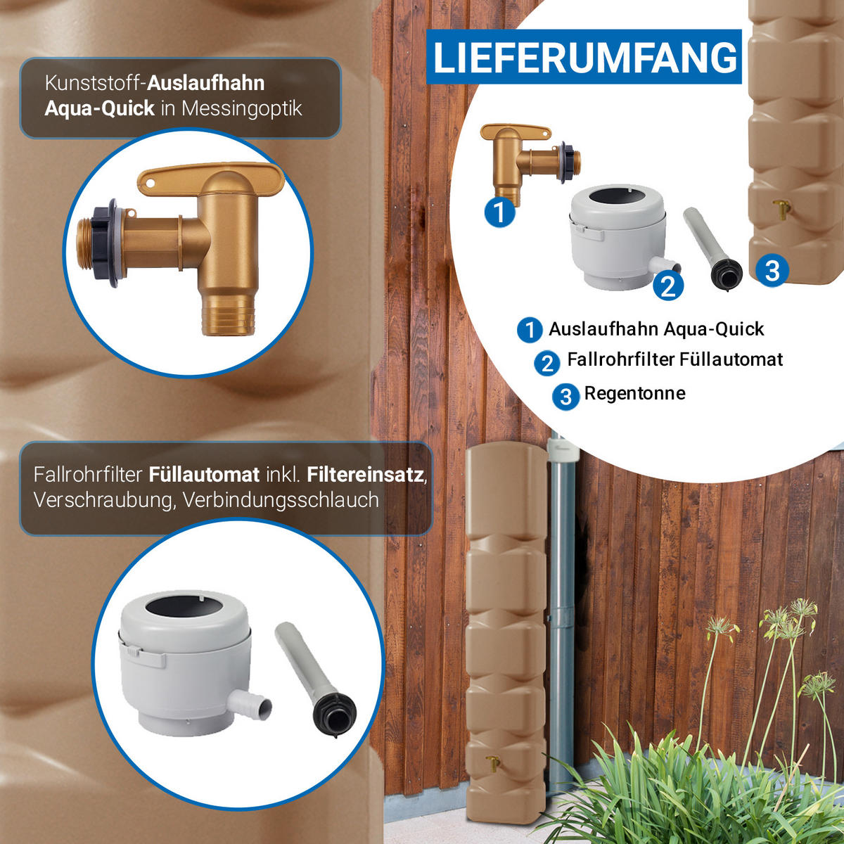 WANDTANK Komplett-Set 300 L, taupe inkl. Kunststoff-Auslaufhahn und Fallrohranschluss - Beige, Kunststoff (42/210/40cm) - 4rain