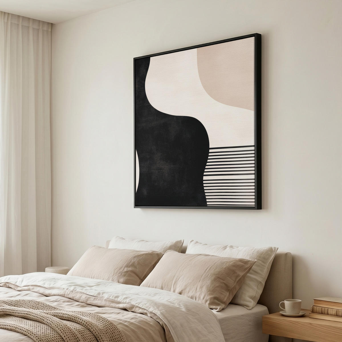 LEINWAND Bilder mit Rahmen - Abstrakt - Japandi - Beige - Modern - 90x90 - Schwarz, Textil (90/90cm) - MuchoWow