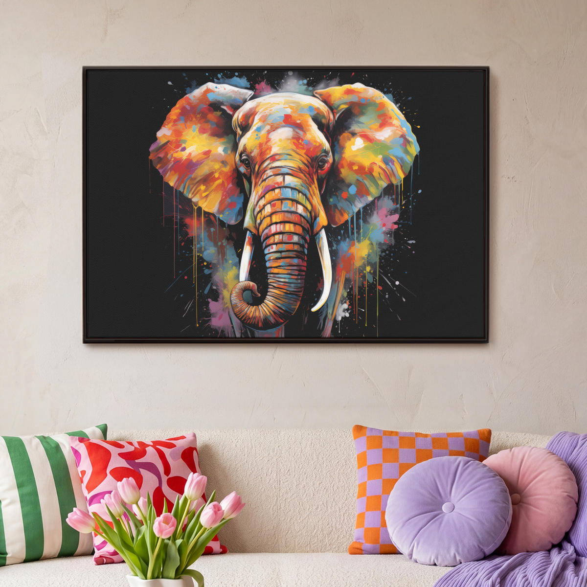 LEINWAND Bilder mit Rahmen - Elefant - Graffiti - Schwarz - Tiere - Farben - 90x60 - Schwarz, Textil (90/60cm) - MuchoWow