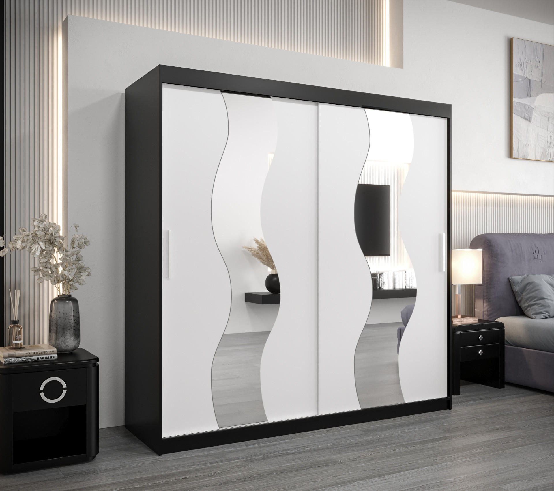 SCHWEBETÜRENSCHRANK 200/200/62 2-türig - Silberfarben/Schwarz, Holz/Kunststoff (200/200/62cm) - Abiks Möbel