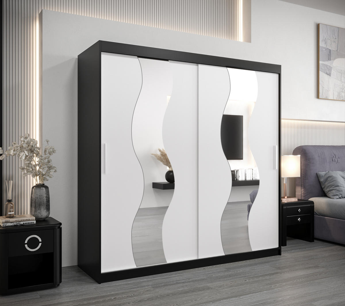 SCHWEBETÜRENSCHRANK 200/200/62 2-türig - Silberfarben/Schwarz, Holz/Kunststoff (200/200/62cm) - Abiks Möbel