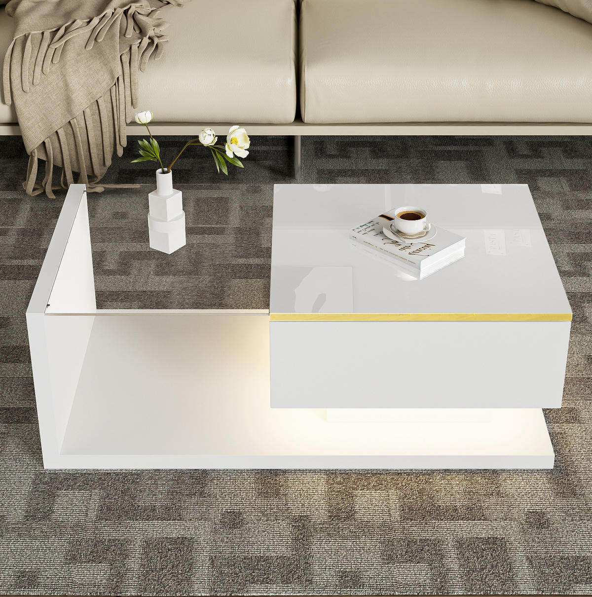 KONFERENČNÍ stolek 90/50/32,5 cm bílý z dřevotřísky s tvrzeným sklem a LED osvětlením - bílá, kompozitní dřevo (90/50/32.5cm) - OKWISH
