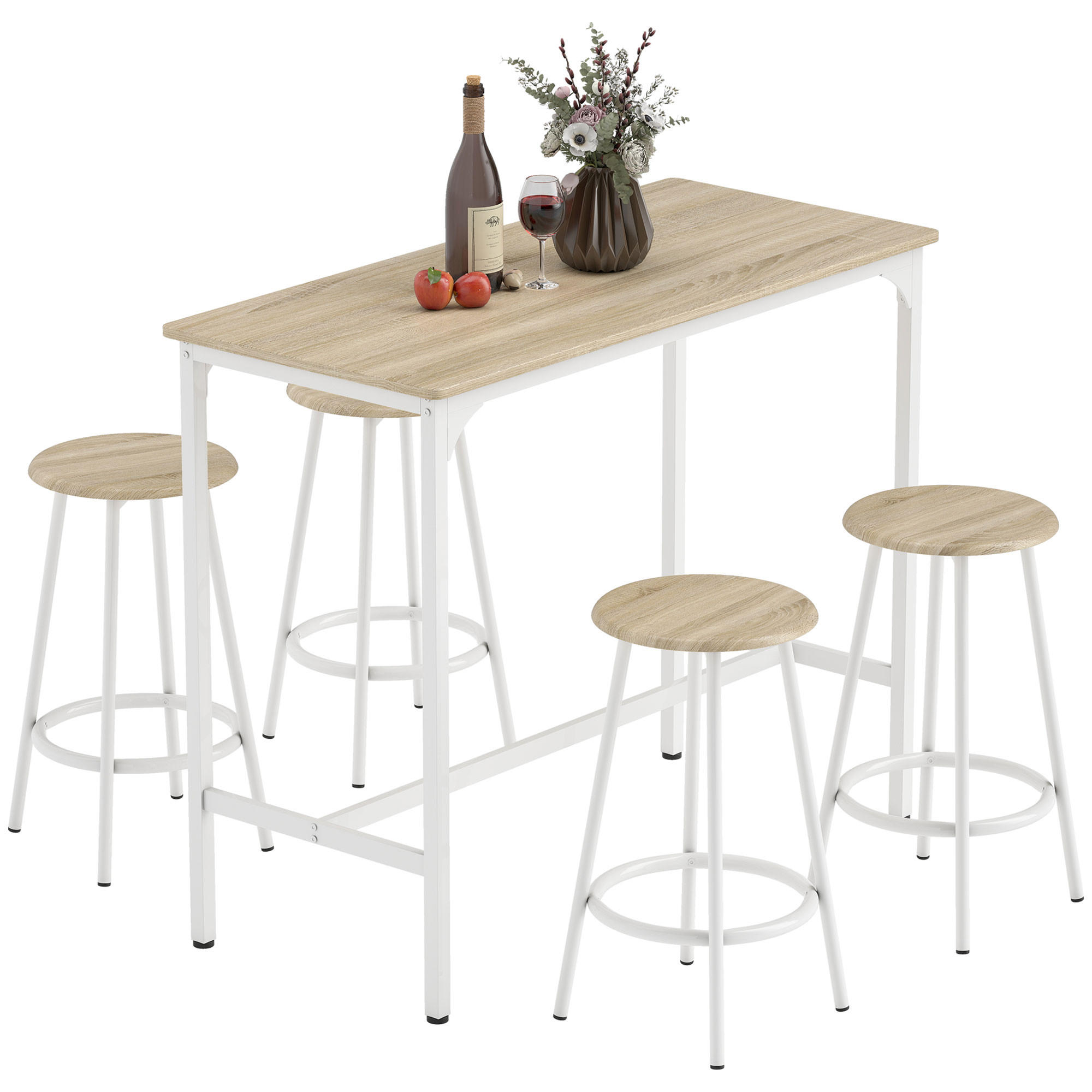 BARTISCH-SET DE-14809 4 Hocker mit Fußstütze Holzoptik/Weiß - Braun, Metall (110/50/89.5cm) - ComfortXL