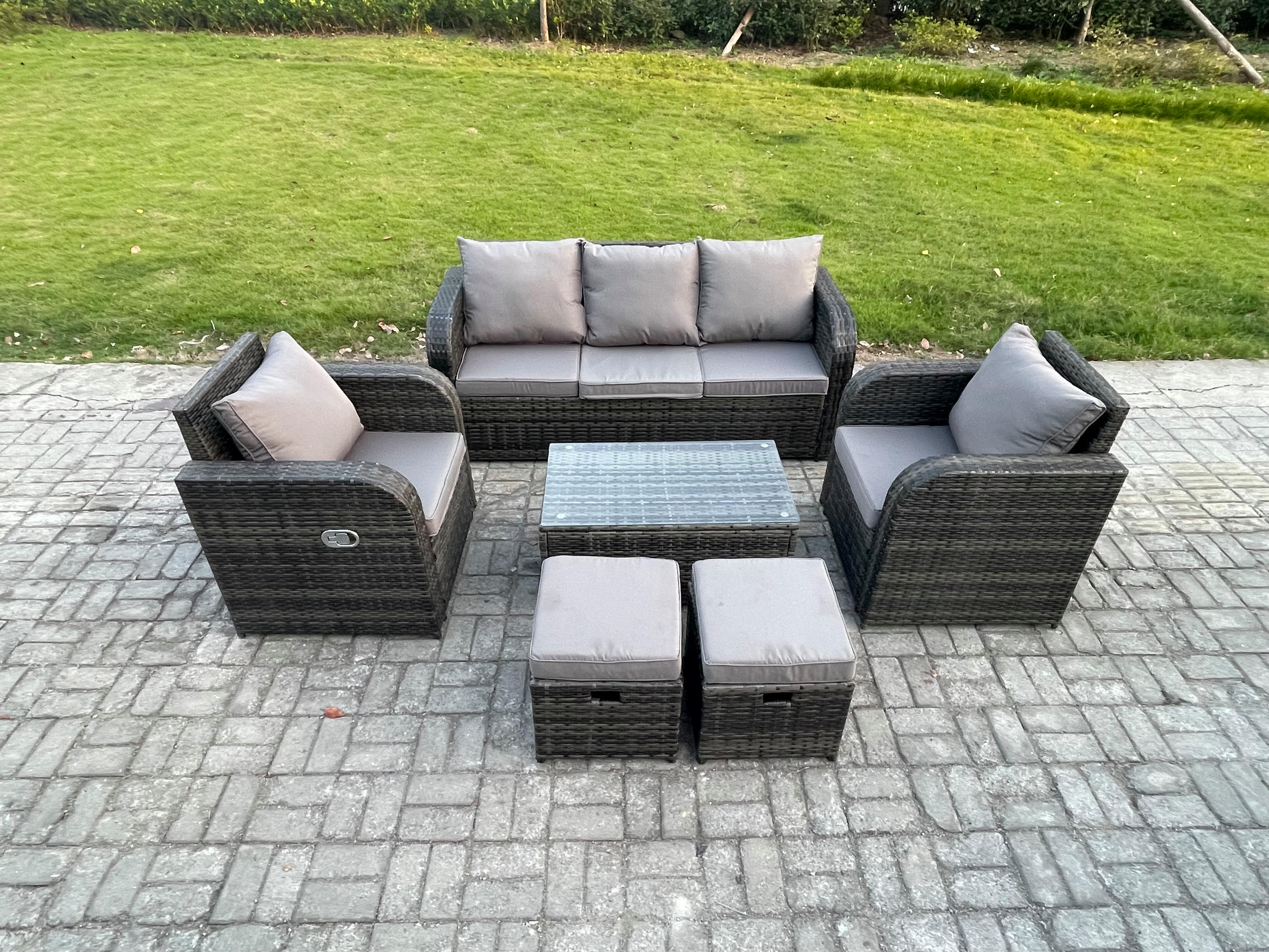 GARTENMÖBELSET mit Couchtisch Polyrattan 7-Sitzer - Dunkelgrau/Grau, Glas/Kunststoff - Fimous