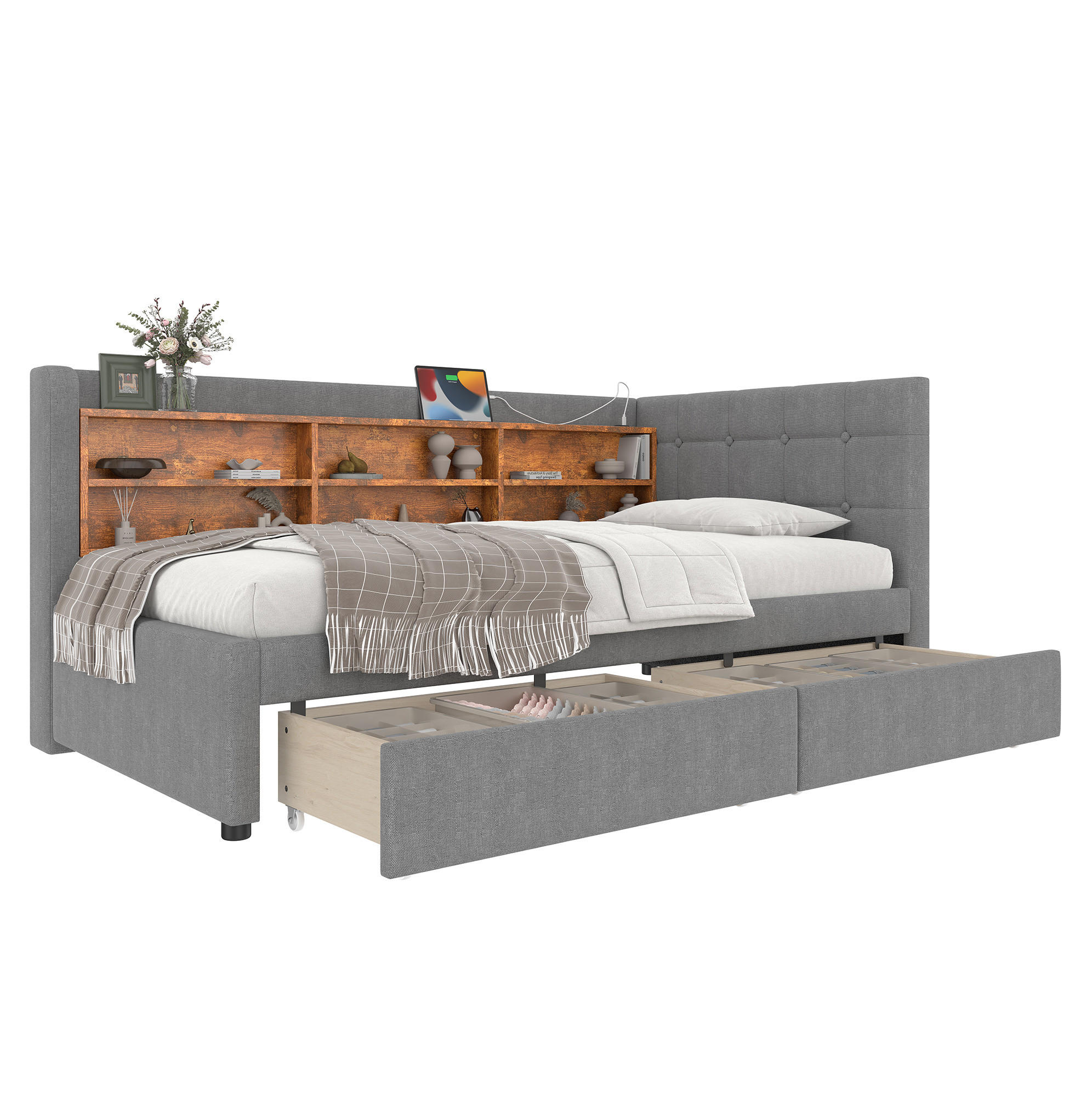 POLSTERBETT aus Leinen 90x200 cm in Grau mit 2 Schubladen & USB-C - Grau, Textil (90/200cm) - Modfu