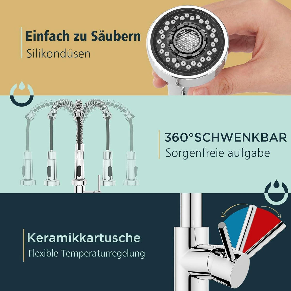 KÜCHENARMATUR mit ausziehbarer Brause, 360° drehbar, polierter Chrom - Silberfarben, Metall (5/43/20cm)