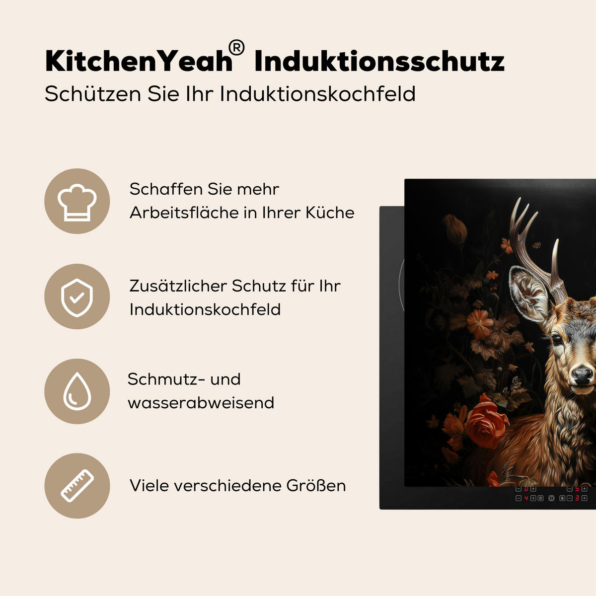 HERDABDECKPLATTE Hirsch - Tier - Blumen - Natur - Botanisch 58x51 cm - Kupferfarben, Kunststoff (58.3/0.2/51.3cm) - MuchoWow