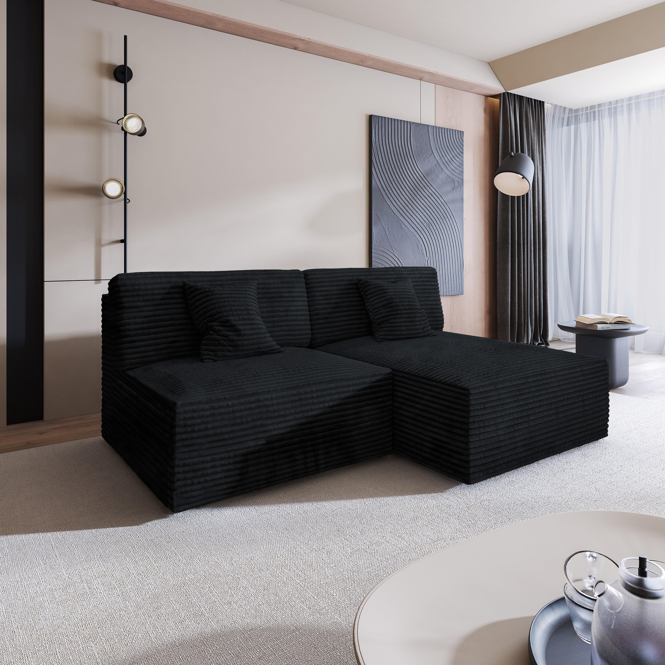 ECKSOFA FIORO Schwarz Kordstoff mit Schlaffunktion - Schwarz, Holz (204/148cm) - MASSENO