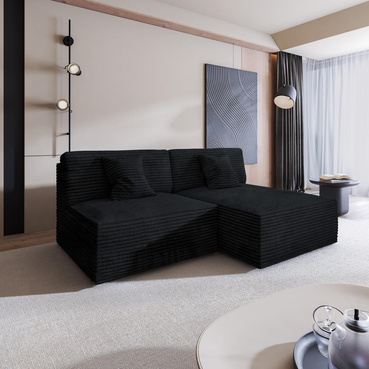 ECKSOFA FIORO Schwarz Kordstoff mit Schlaffunktion - Schwarz, Holz (204/148cm) - MASSENO