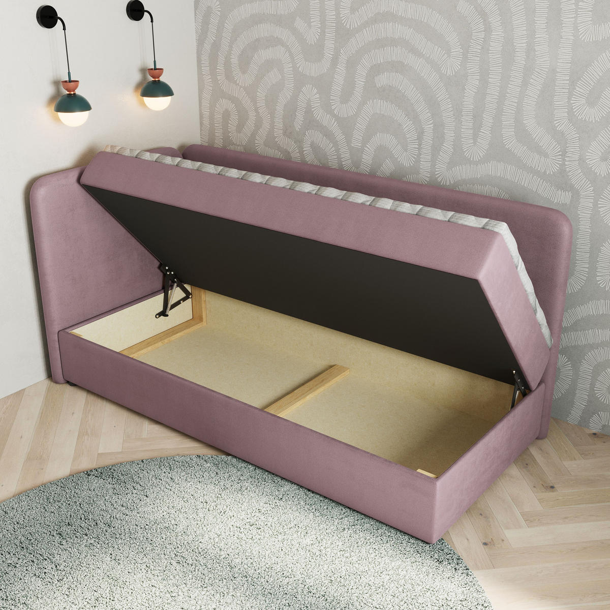 BOXBETT GINA 80x200 cm mit Matratze und Topper, H2+H3 - Rosa - Rosa, Holz (80/200cm) - MASSENO