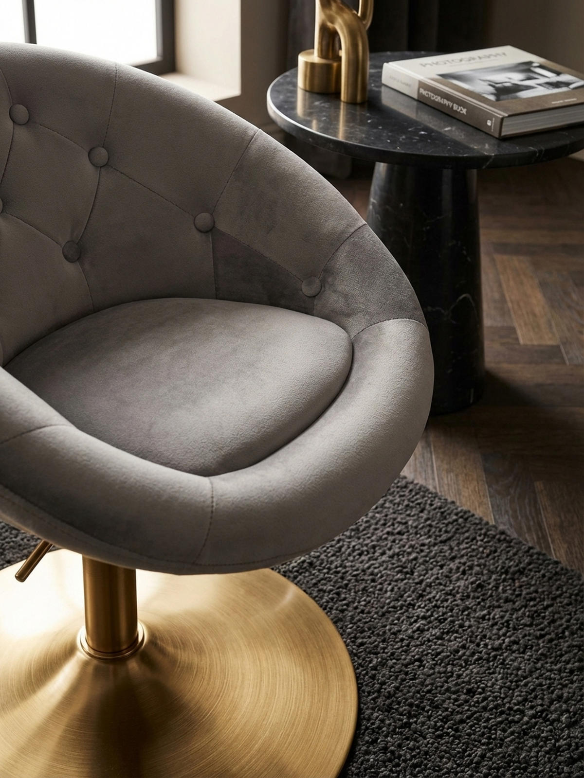 LOUNGESESSEL Chesterfield-Stil mit Samtbezug und 360° Drehfunktion, Grau 67x62x100 cm - Goldfarben/Grau, Textil/Metall (67/100/62cm) - KADIMA DESIGN