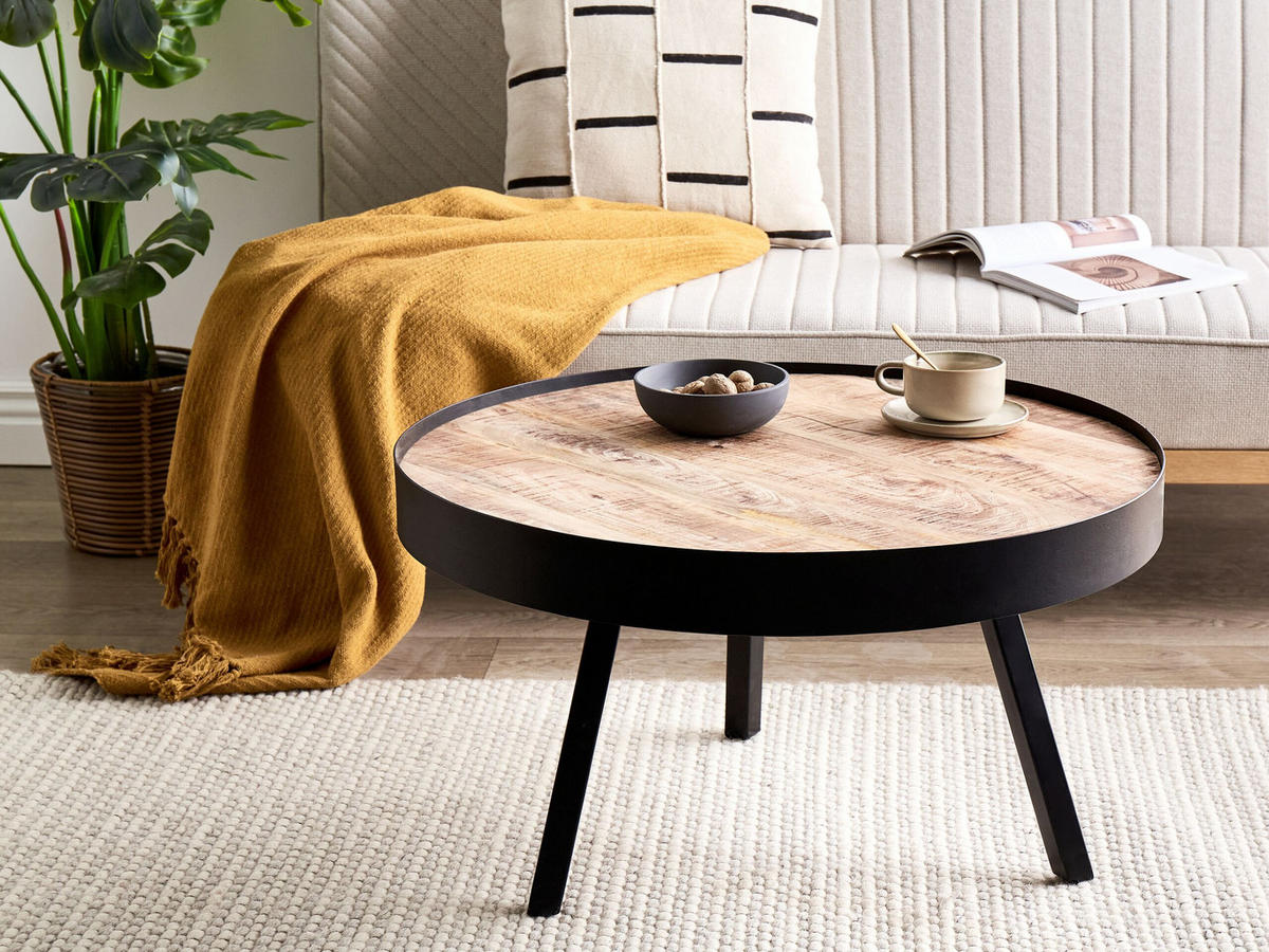 COUCHTISCH Mangoholz hellbraun/schwarz 74 cm Wakita - Hellbraun/Schwarz, Holz (74/74/40cm) - Beliani