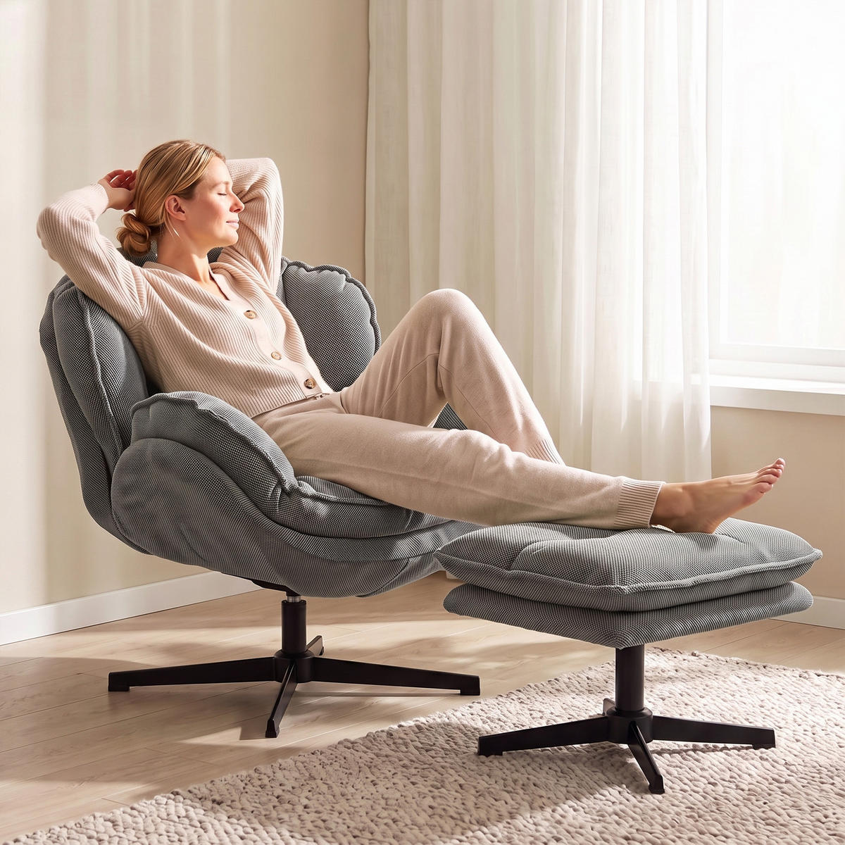 RELAXSESSEL-MIT-HOCKER Polyester Grau - Schwarz/Grau, Textil/Metall (74/85/86cm) - HOMCOM