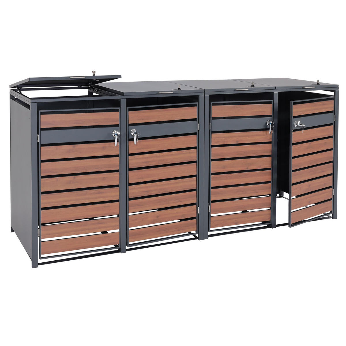 MÜLLTONNENBOX 4er/8er XL 117x284x98cm Metall 118kg Anthrazit Kirsche-Holzoptik Dunkelbraun - Kirschbaumfarben, Metall (284/117/98cm) - PROREGAL