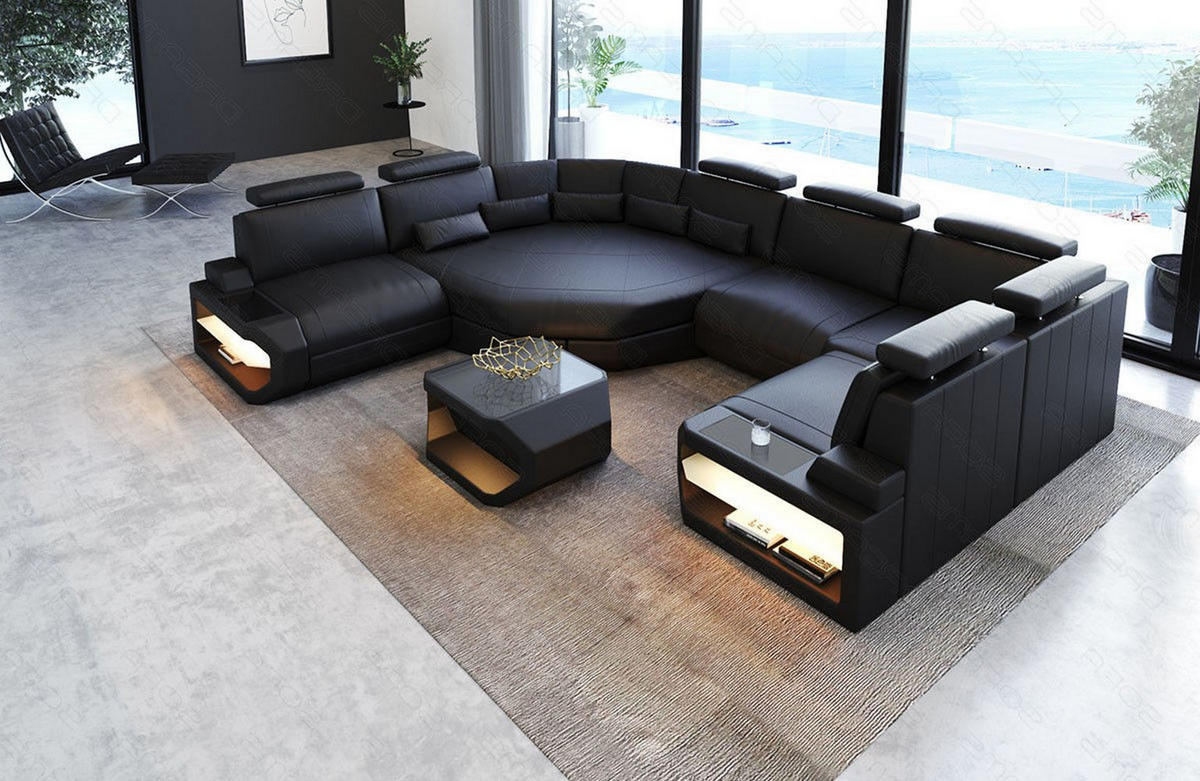 WOHNLANDSCHAFT Asti U Mini - Schwarz, Leder (352/93/280cm) - Sofa Dreams