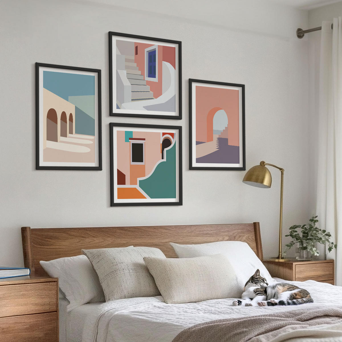 BILDER SET 4er Set - 50x50 cm & 40x60 cm Schwarzer Rahmen - Minimalistische Pastellgrafiken - Schwarz, Kunststoff (50/50cm) - TULUP