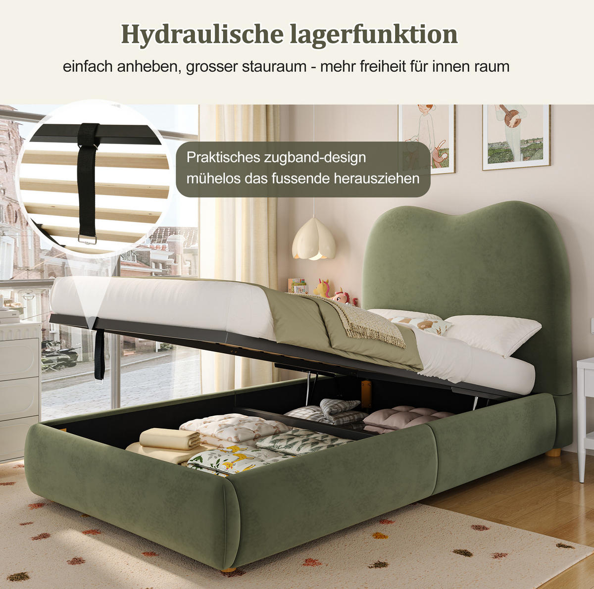 POLSTERBETT 90/200 cm Grün Samt mit hydraulischem Stauraum - Grün, Textil (90/200cm) - OKWISH