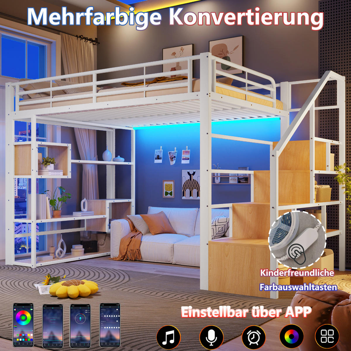 HOCHBETT 140x200 Metall Weiß mit Stauraum LED Beleuchtung Treppe - Weiß, Metall - Gisaae