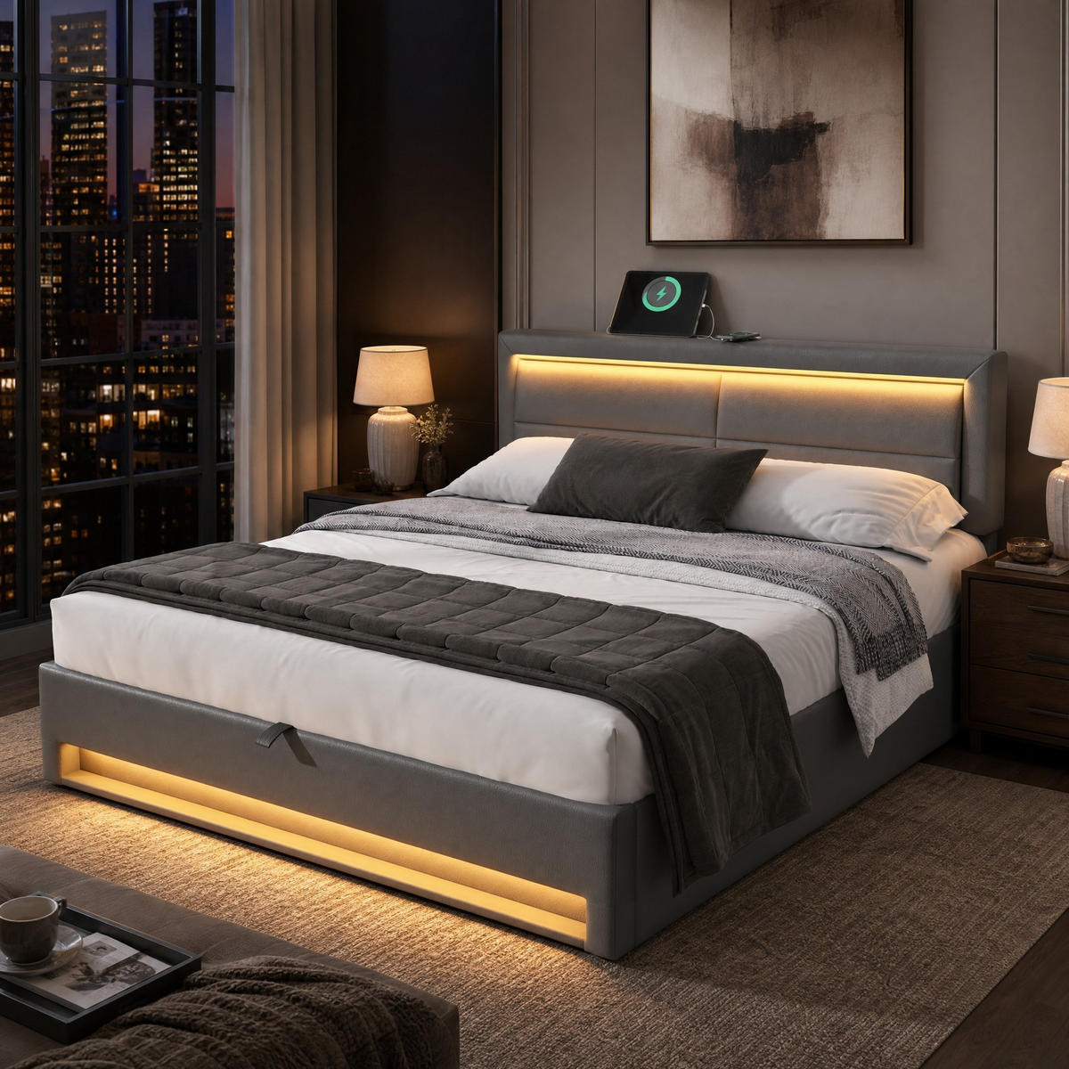 POLSTERBETT 140/190 mit USB, LED und Stauraum für kabelloses und kabelgebundenes Laden in Grau - Grau, Holzwerkstoff/Textil (140/190cm) - EVRYAE