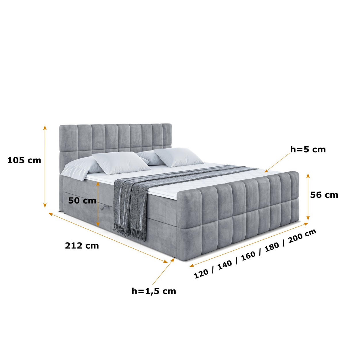 BOXBETT MIAMI-Z - 140x200 cm - H3 - Grau - Grau, Holzwerkstoff (140/200cm) - ALTDECOR