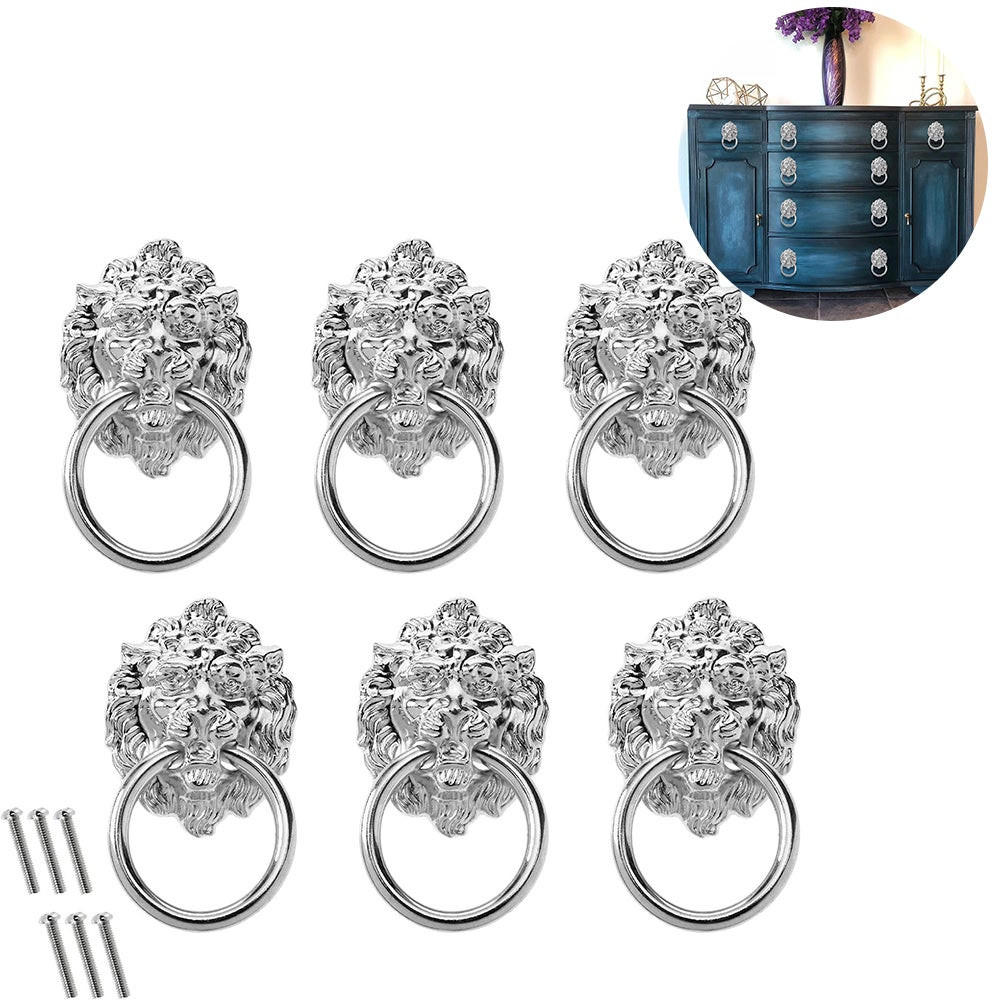 SCHRANKKNOPF Löwenkopf 6er-Set Zinklegierung - Silberfarben, Metall (4.2/3/6.9cm)